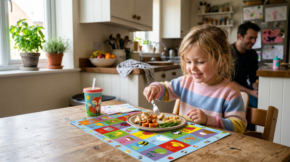 child eating at a table with an alphabet placemat