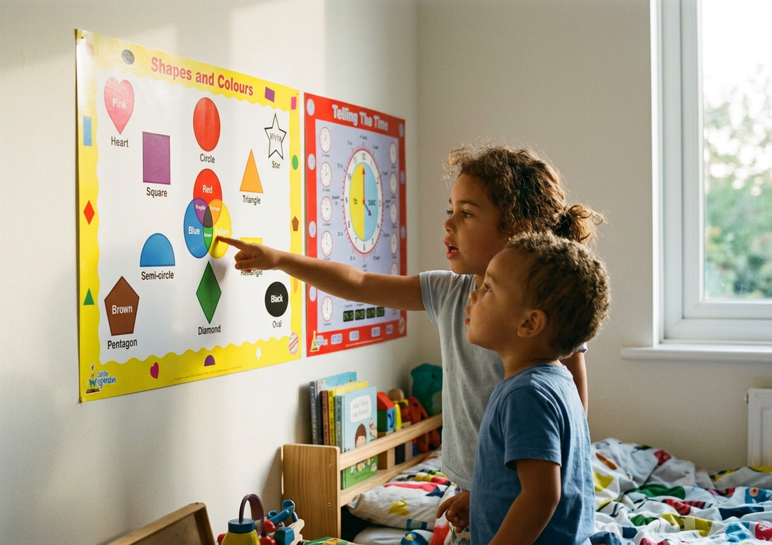 a child and a toddler looking at an educational poster on a bedroom wall with 