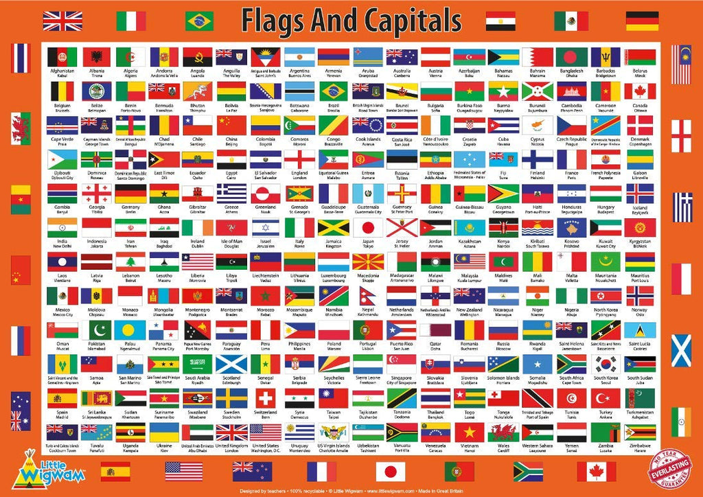 Flags and Capitals "No Tear Guarantee" Educational Poster - Little Wigwam