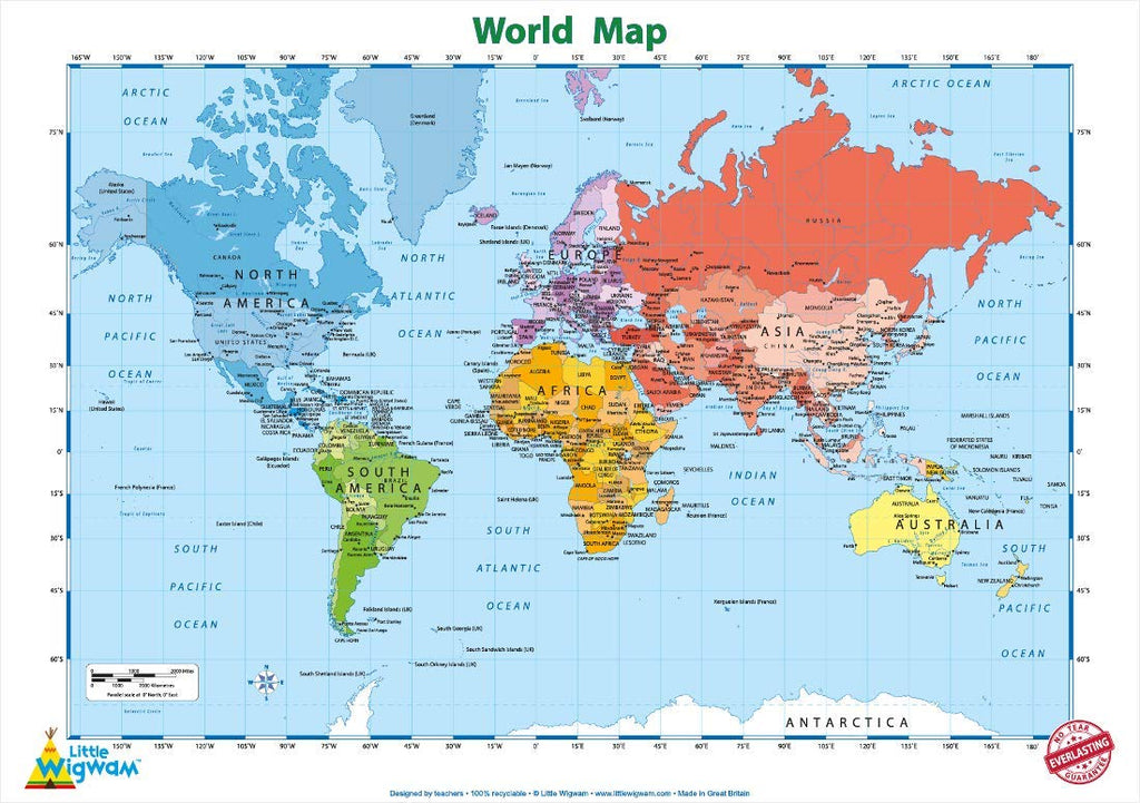 World Map "No Tear Guarantee" Educational Poster (60 x 42cm) - Little Wigwam