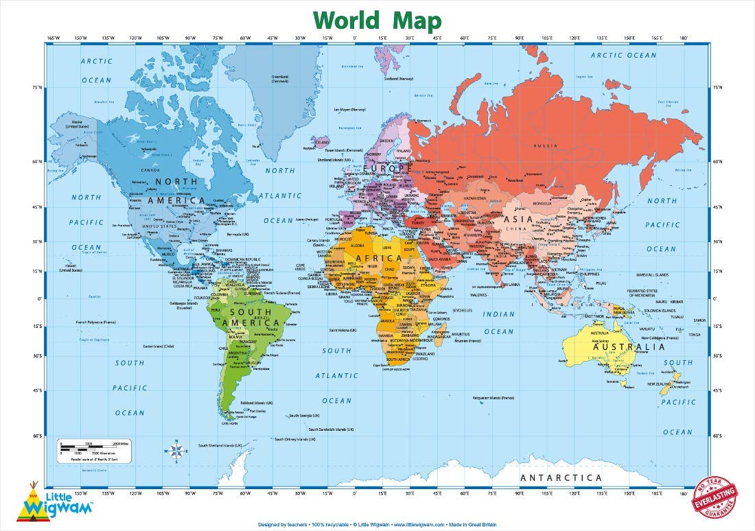 World Map "No Tear Guarantee" Educational Poster (60 x 42cm) - Little Wigwam